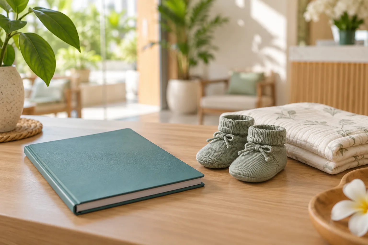Illustration d’un carnet, de petits chaussons et d’un lange dans un cadre apaisant